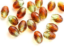 11x8mm Brown Green barrel czech glass fire polished oval beads - 20Pc