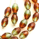 11x8mm Brown Green barrel czech glass fire polished oval beads - 20Pc