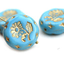 22mm Sky Blue Flower Focal Czech glass bead Gold wash - 1pc