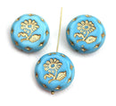 22mm Sky Blue Flower Focal Czech glass bead Gold wash - 1pc