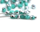 4mm Turquoise Green Fire polished czech glass beads, Silver coating faceted round spacers - 50Pc