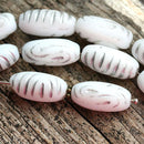 17x8mm White and Silver Ornament oval czech glass beads, 10pc