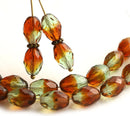 11x8mm Brown Green barrel czech glass fire polished oval beads - 20Pc