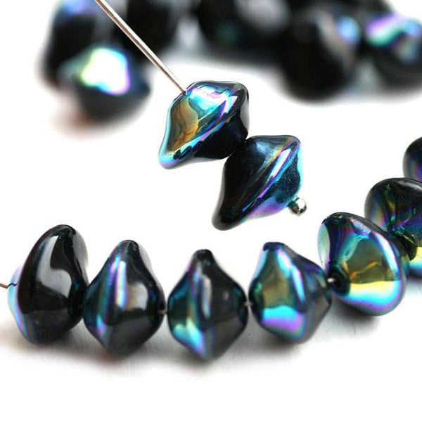 7x11mm Black Saucer Czech glass beads Rainbow finish - 20Pc