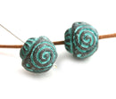 12mm Spiral Carved round greek metal beads Green Patina on copper 2Pc