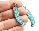 2pc Double Sided Feather charms Green patina
