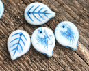 18mm White Large leaf beads, Blue inlays, czech glass leaves, top drilled - 12Pc