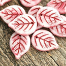 18mm White Large leaf beads, Red inlays czech glass leaves, top drilled - 12Pc