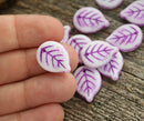 18mm White Large leaf beads Purple Violet inlays czech glass leaves, top drilled - 12Pc