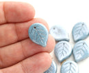 18mm Blue Large leaf beads, Lustered czech glass leaves, top drilled - 10Pc
