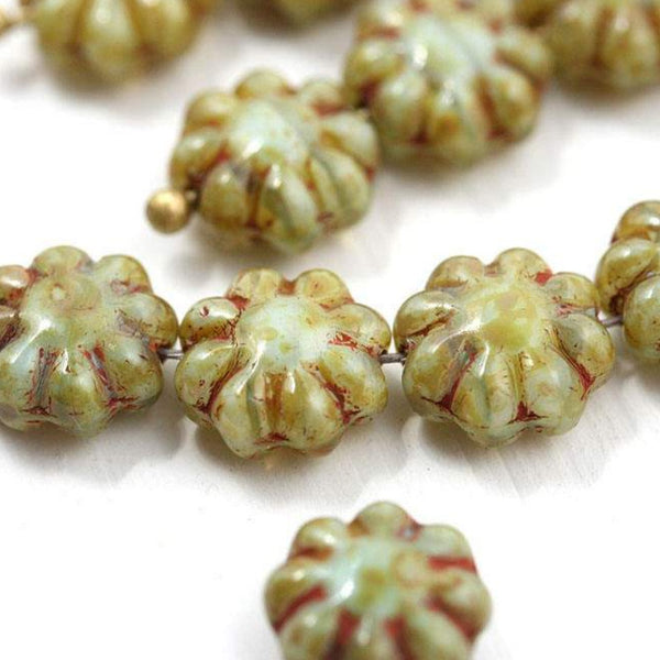 9mm Picasso green Flower czech glass beads - 20Pc