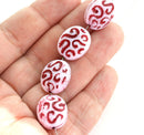 17mm Large Oval white Czech glass beads with red ornament - 8Pc