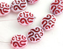 17mm Large Oval white Czech glass beads with red ornament - 8Pc