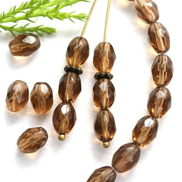 8x6mm Smokey Topaz barrel beads, brown czech glass fire polished - 30Pc