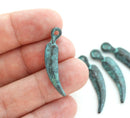 4pc Curvy Feather patina charms, Green Patina