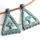 2pc Pyramid Eye triangle charm, Green Patina on copper