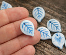18mm White Large leaf beads, Blue inlays, czech glass leaves, top drilled - 12Pc