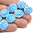 17mm White and Blue ornament Large Oval Czech glass beads - 8Pc