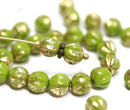 6mm Green Melon Czech glass round green beads, Golden wash - 30pc