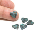 5pc Primitive Copper Heart charms Green patina 10mm
