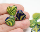 5Pc Glass Shell beads Mix Blue Green Yellow Czech glass - 15mm