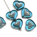 14mm Aqua Blue Heart Metallic luster czech glass beads - 6Pc