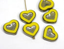 14mm Yellow Heart beads Metallic luster czech glass beads - 6Pc