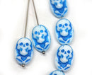 15x10mm Blue White Czech glass skull beads Halloween decor - 4Pc