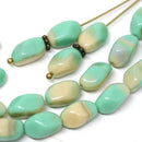 11x7mm Turquoise Green beige oval czech glass barrel Druk oval twist beads - 20Pc