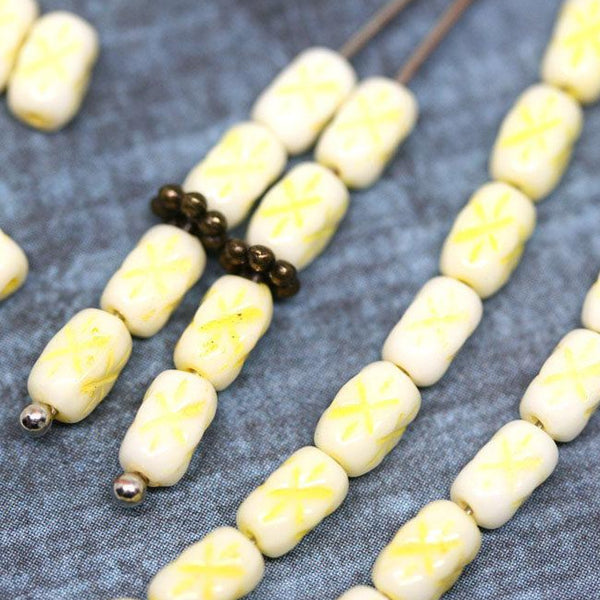 6x4mm White czech glass rice beads Lemon Yellow stars ornament small oval beads - 50pc