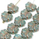 11x13mm Opal Green Czech glass leaf beads Rose Gold inlays - 10Pc
