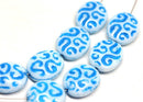 17mm White and Blue ornament Large Oval Czech glass beads - 8Pc