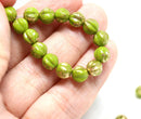 6mm Green Melon Czech glass round green beads, Golden wash - 30pc