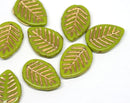 12x16mm Green Side drilled leaf beads Gold wash czech glass beads 8pc