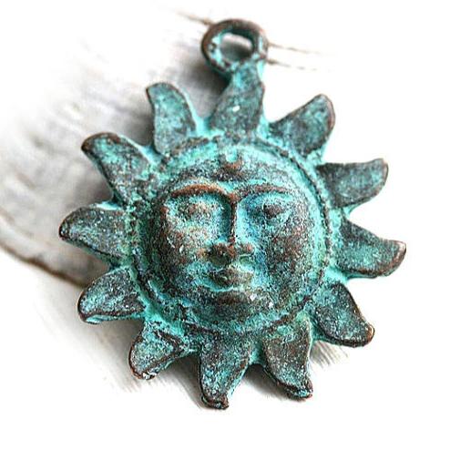 Celestial Sun pendant Green patina 29mm