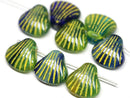 5Pc Glass Shell beads Mix Blue Green Yellow Czech glass - 15mm