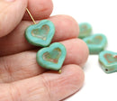 14mm Turquoise green Heart, Picasso czech glass beads - 6Pc