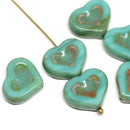 14mm Turquoise green Heart, Picasso czech glass beads - 6Pc
