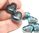14mm Aqua Blue Heart Metallic luster czech glass beads - 6Pc