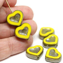 14mm Yellow Heart beads Metallic luster czech glass beads - 6Pc