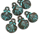 6pc Oyster small shell charms, 12mm Green patina
