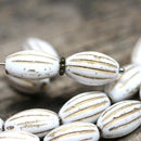 14x8mm White oval Large czech glass barrel beads Gold wash - 8Pc