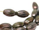 14x8mm Dark Bronze oval carved large czech glass barrel beads Luster coating - 8Pc