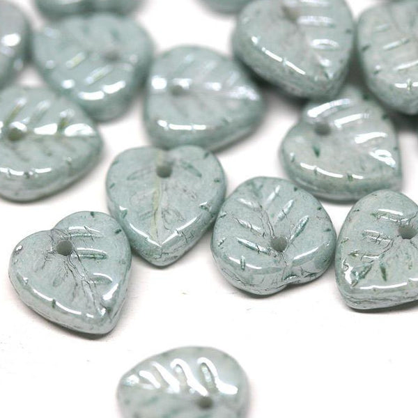 9mm Grey Green leaf beads Lustered antique greenб Czech glass - 30pc