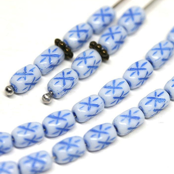 6x4mm White czech glass rice beads Blue stars ornament small oval beads 30pc