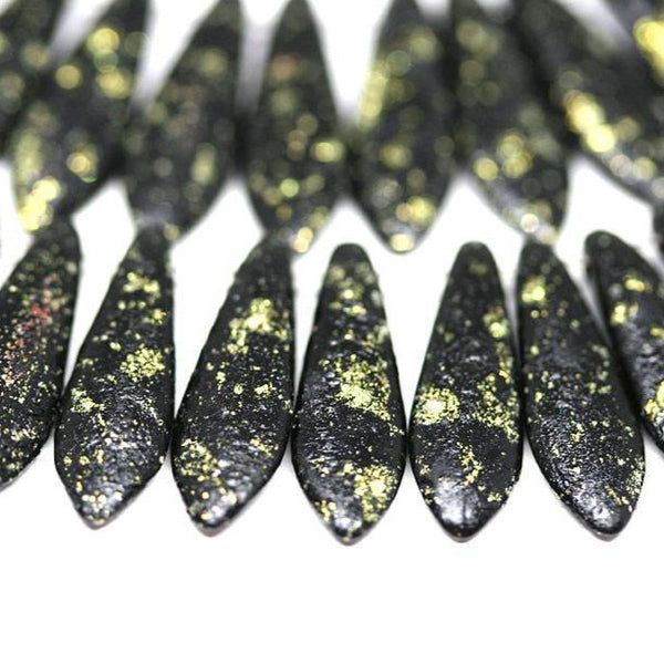 20pc Black dagger beads Black Gold czech glass beads - 5x16mm