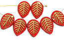 12x16mm Red Side drilled leaf beads Gold wash 8pc