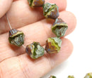 11x10mm Green Brown bicone beads Baroque czech glass Picasso beads Fire polished - 4pc
