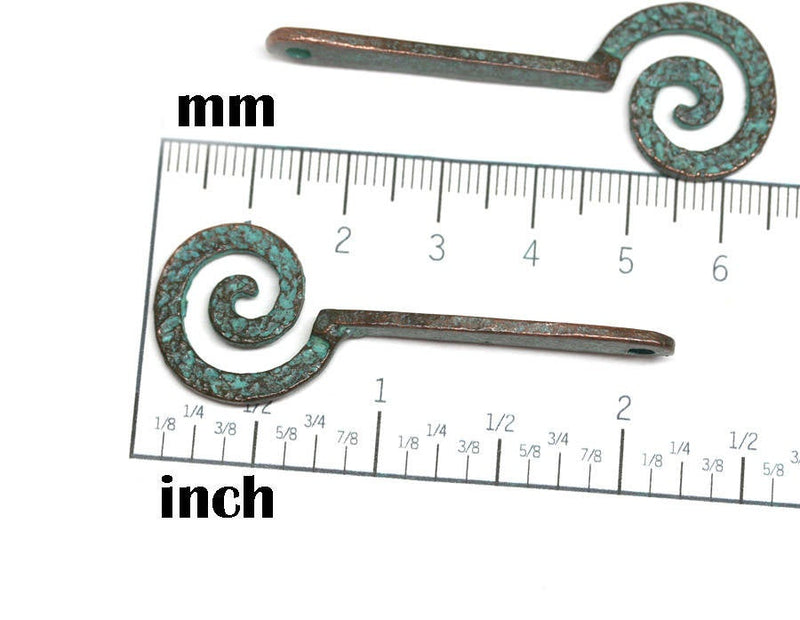 55mm Green Patina Spiral charms long hammered beads - 2Pc
