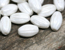 14x8mm Pearl White oval Carved Large czech glass barrel beads Pearly coating - 8Pc
